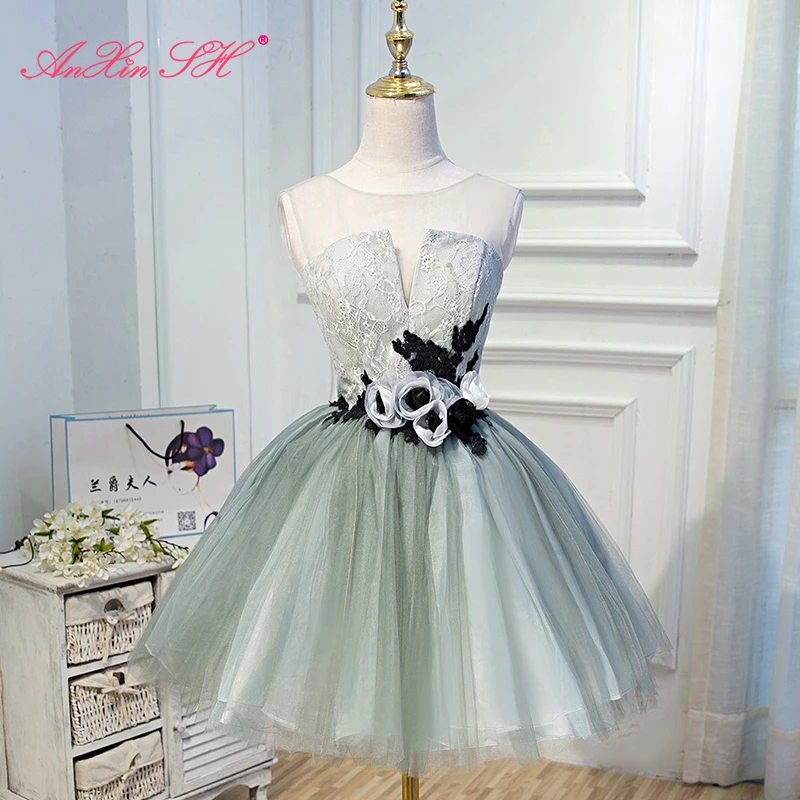 

AnXin SH princess grey lace short fashion parties o neck illusion rose flower customized evening dress little white dress