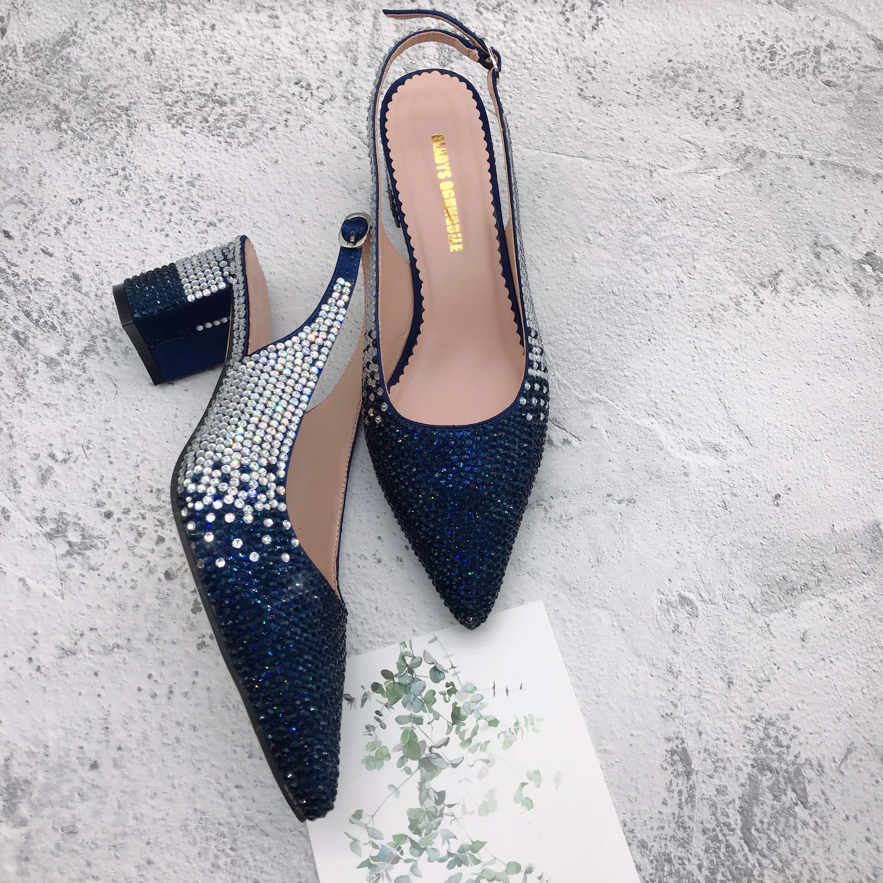 Custom Made Navy Blue Silver  Crystal African Shoes With Matching Bag Set SlingBacks Dress Pumps Big Size Low Heel Women Shoes