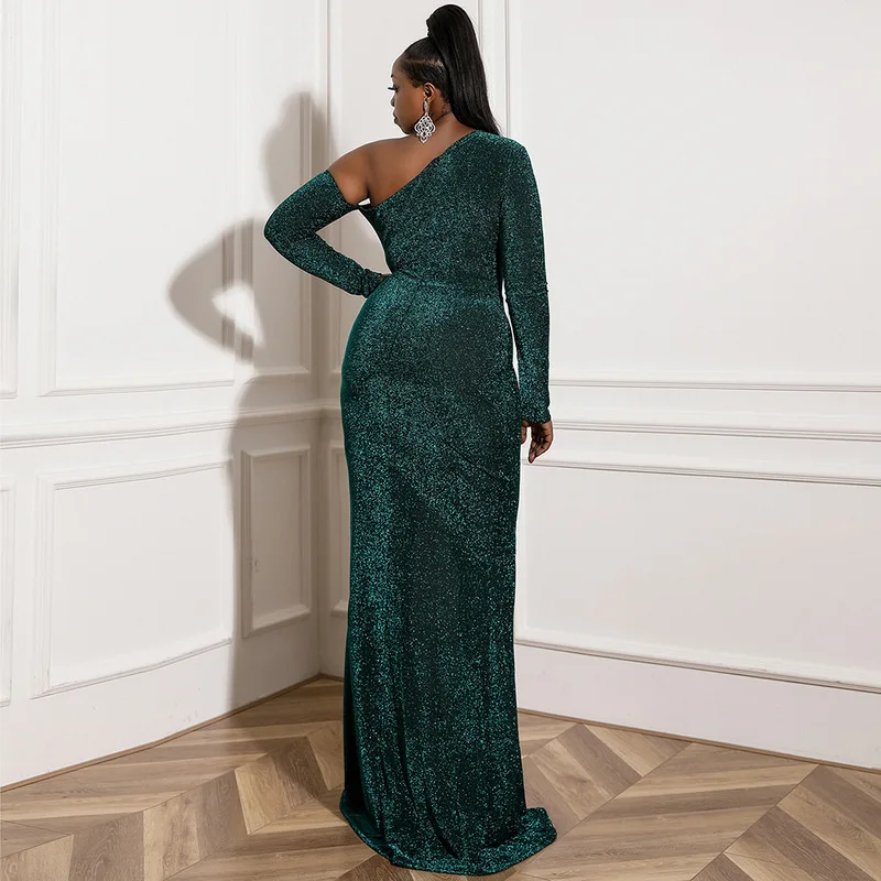 Women's Plus Size Formal Evening Dress Irregular One Shoulder Sexy Gold Stamping Long Sleeve Mermaid Party Dress 2021 New