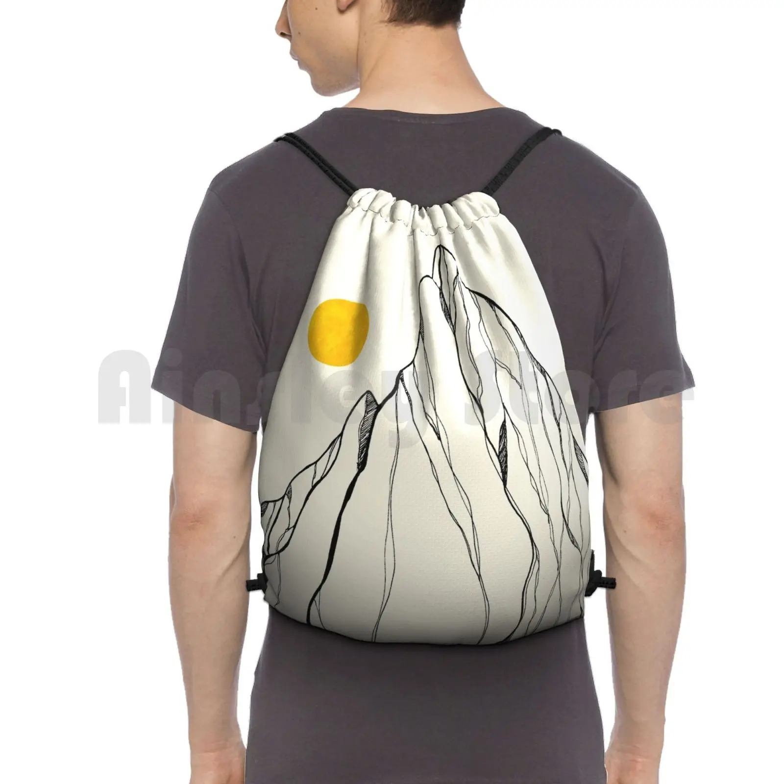 Yellow Line Backpack Drawstring Bags Gym Bag Waterproof Hill Mountain Nature Shapes Abstract Yellow Simple Rocks Stone