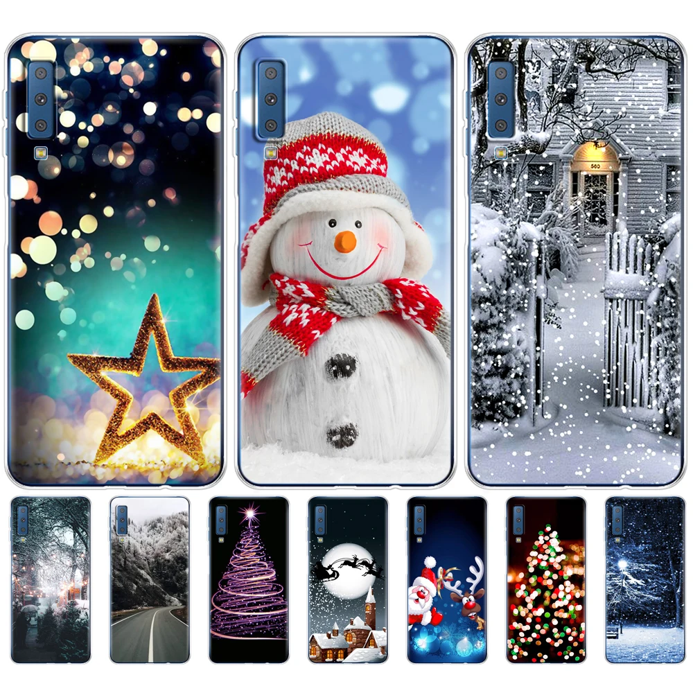 For Samsung Galaxy A7 2018 Case 6.0 Inch Back Phone Cover For Samsung A7 2018 A750 A750F Bag winter christmas snow tree new year