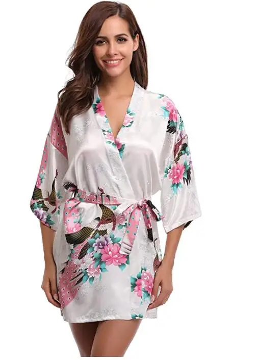 Bata de baño de seda satinada para boda, kimono corto de dama de honor de la novia, a la moda, estilo floral, para noche de mujer