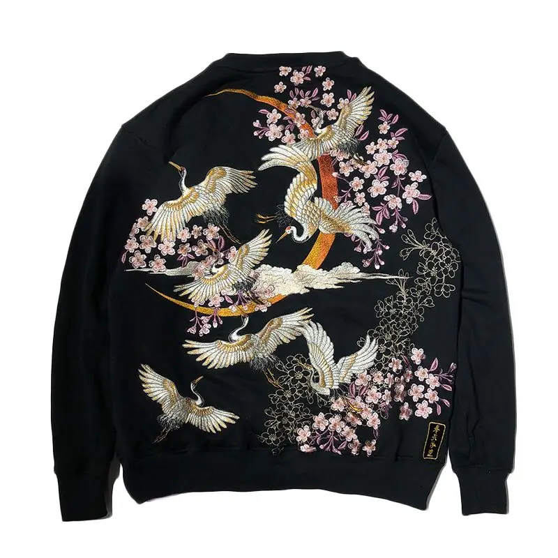 Red-crowned Crane Sakura Cherry Blossoms Embroidered Chinese Style Men Boys Pullover O-Neck Long Sleeve Tops Sweatshirt Fashion