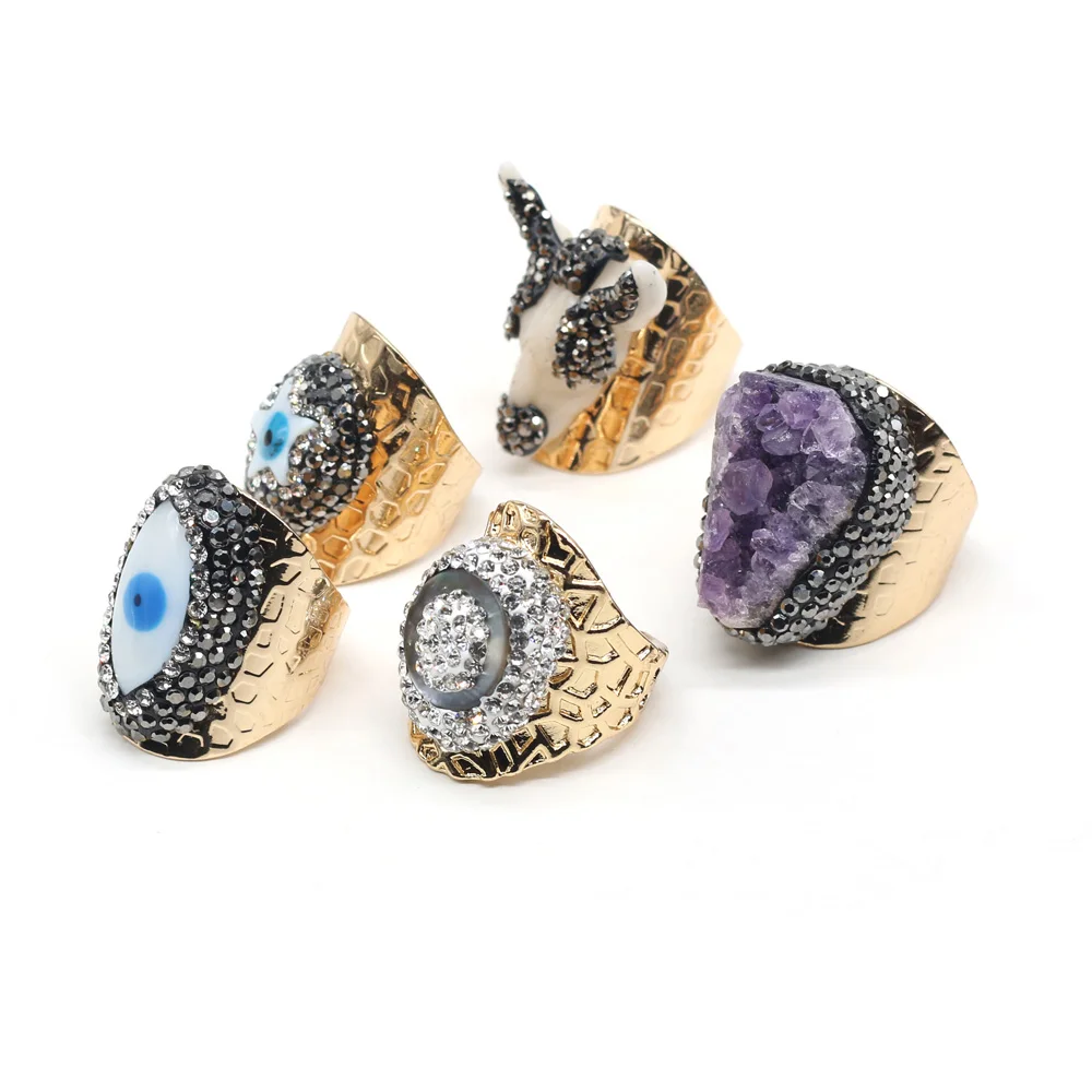 Rings for Women Natural Amethysts Druzy Irregular Gemstones Fingers Ring Animal Bull Head Adjustable Hip Hop Gold Plated Rings