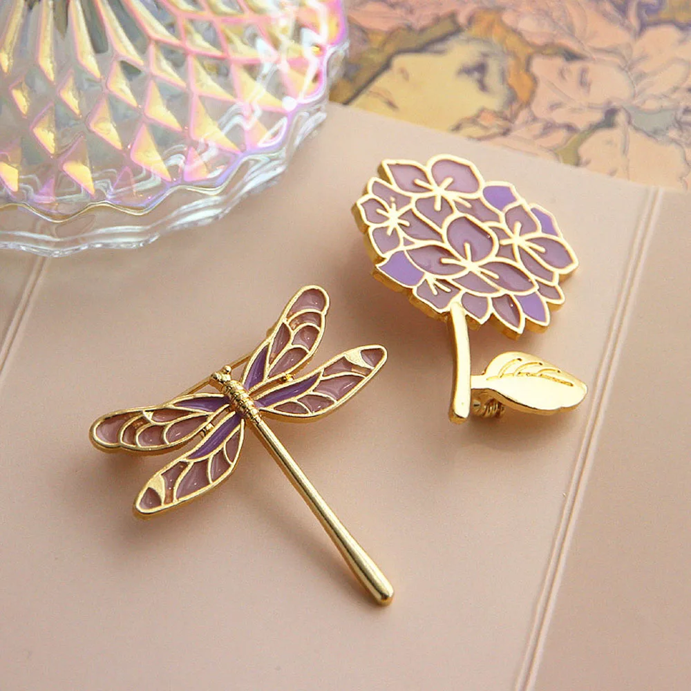 Trendy Purple Brooch Pin Dragonfly Lilac Iris Badge Plant Animal Brooch Party Collar Accessories Jewelry for Women