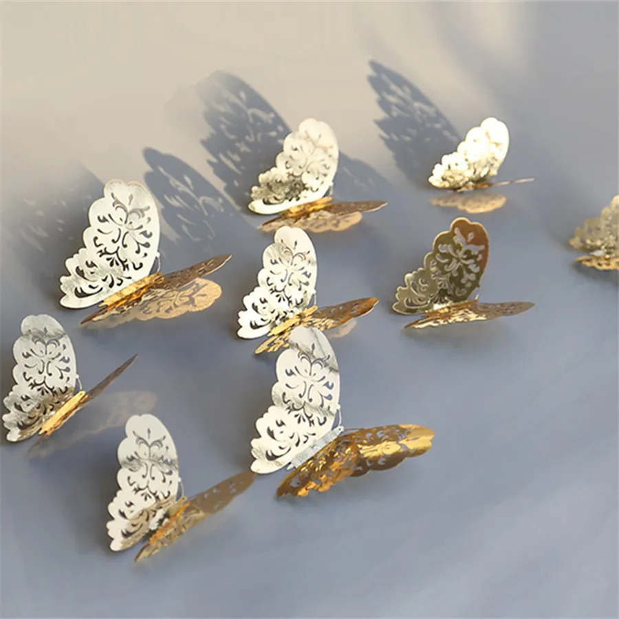 golden/sliver  12pcs/lot hollow out luxury butterfly wall sticker 3D butterfly used for bedroom wall curtain living room