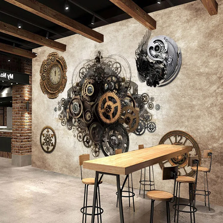 

Bacal Photo wallpaper Retro industrial metal gear 3D Wallpaper mural Bar Cafe background wall clock bedroom clothing store