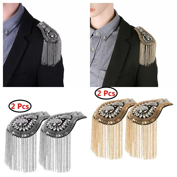 2Pcs Punk Epaulet Metal Chain Tassel Shoulder Board Handmade Brooch Badge DIY Uniform Shoulder Epaulet Stage Clothing Epaulettes