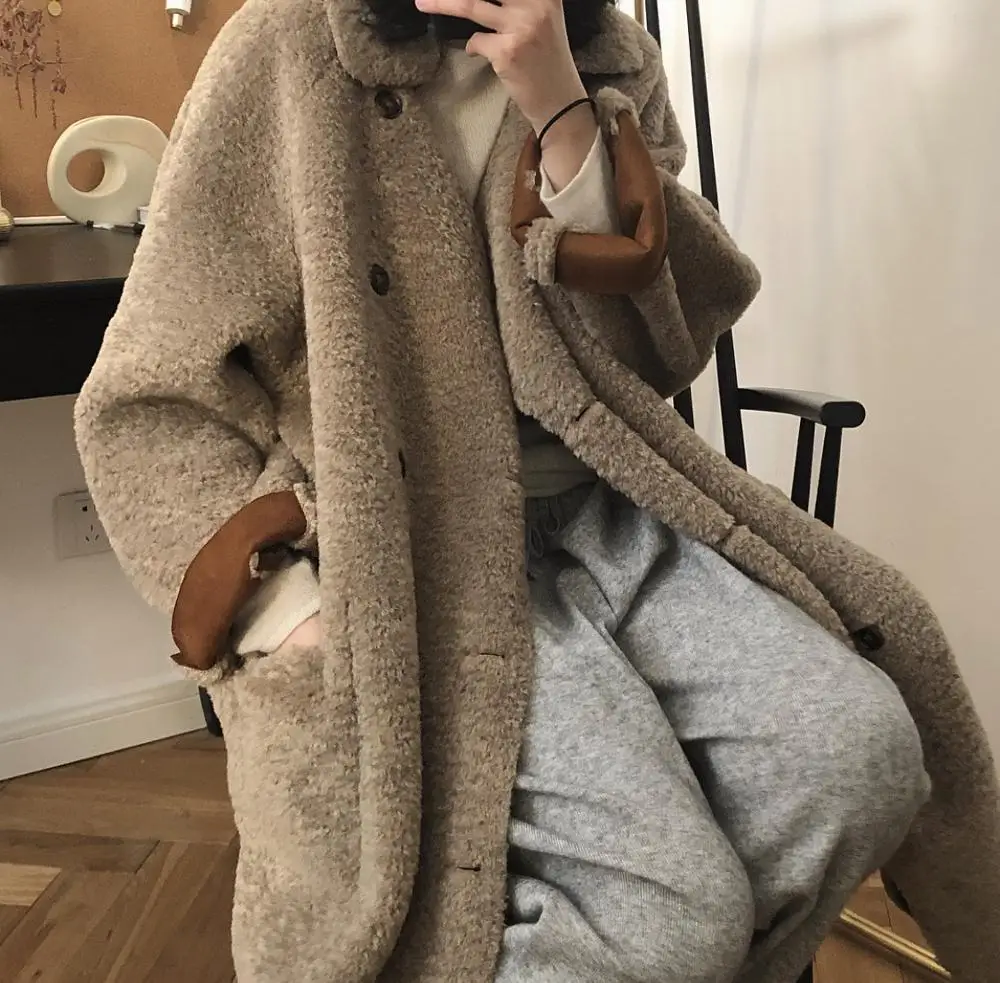 Female new winter lamb wool loose double-sided trench outerwear Korean style  warm and thicking loose fur coat