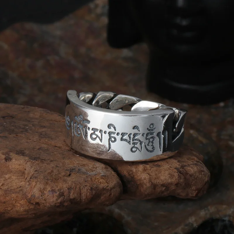 

100%S925 pure silver ring Thai silver ornaments six words woven fortunes restoring ancient ways ring male money