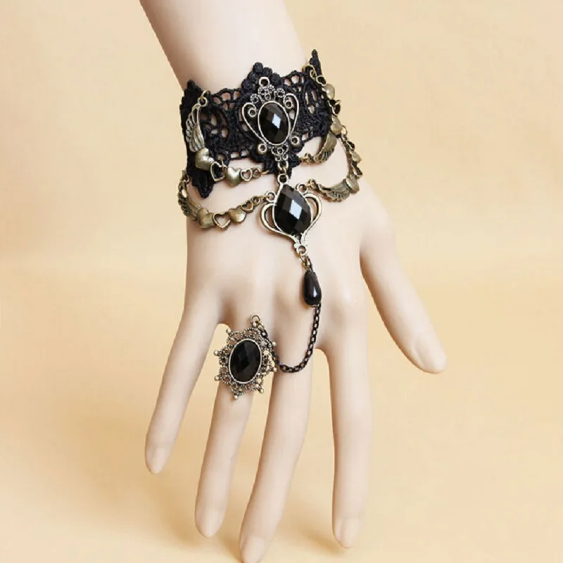 Retro Charm The Queen Fashion Victorian Dress Costume Gothic Black Rose Lace Lolita Bracelet Women Masked Ball Accessories