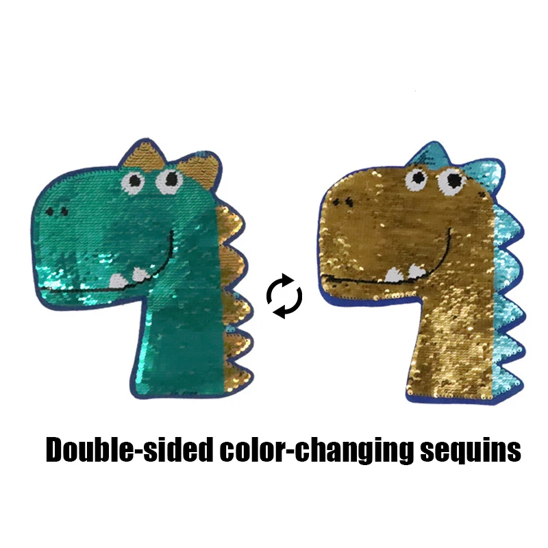 1Pcs Double-sided Color-changing Sequins Embroibery Dinosaur Shirt T-shirt Sticker DIY Hand Sewing Sticker Patch for Accessori