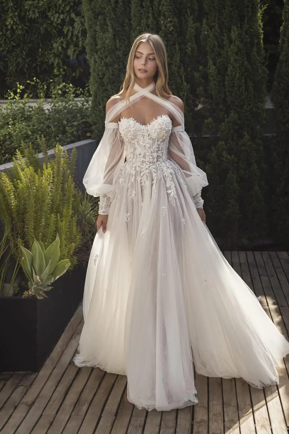 Vestido de novia bohemio de tul suave, manga larga abullonada, encaje Floral, perlas, vestido de novia, playa, hombros descubiertos, vestidos de fiesta de boda, 2021