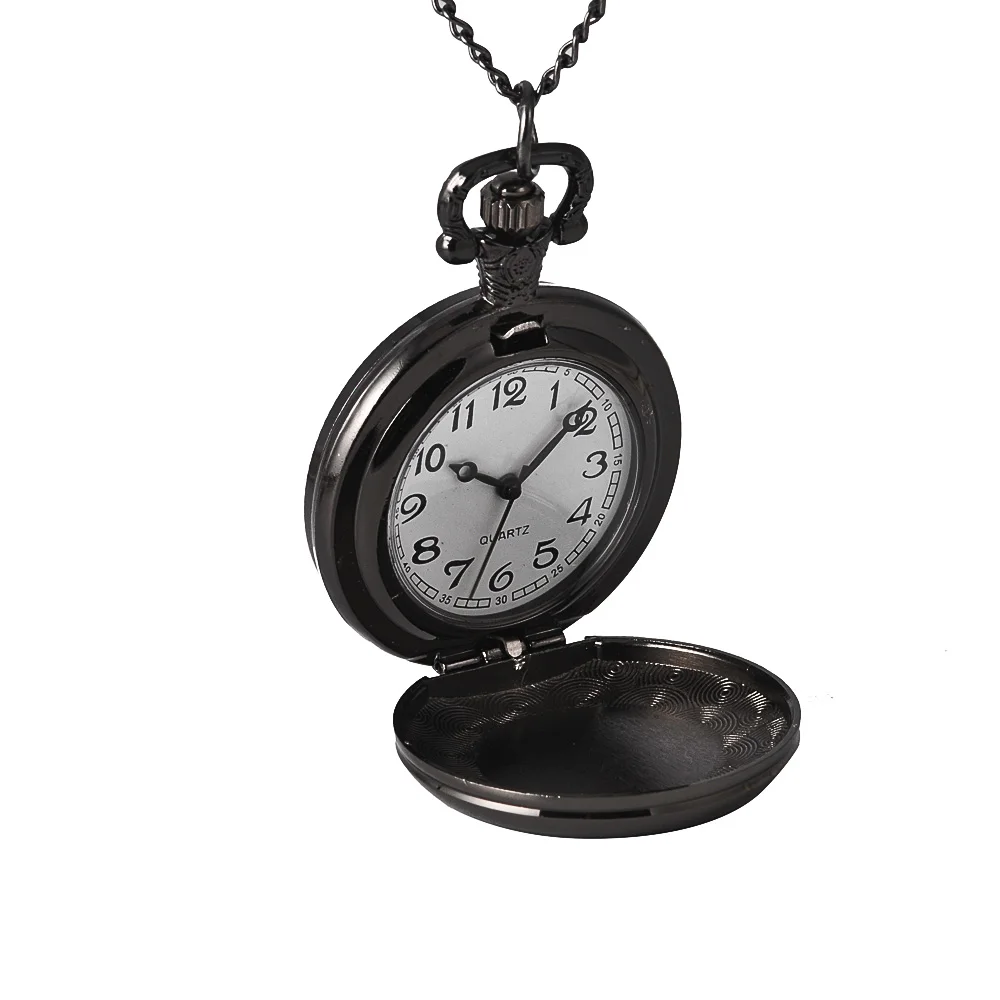 Fashion Personality Simple Black Concave Quartz Pocket Watch Flip Pocket Watch with Necklace