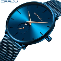 CRRJU-relógio azul ultrafino masculino, relógio de quartzo minimalista, relógio impermeável, moda casual, marca de luxo superior