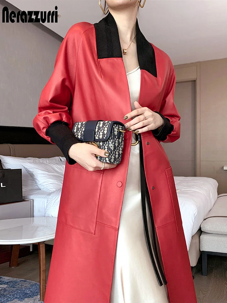 Nerazzurri Spring Autumn Loose Long Leather Trench Coat for Women with V Neck Raglan Sleeve Pockets Luxury Designer Clothes 2022