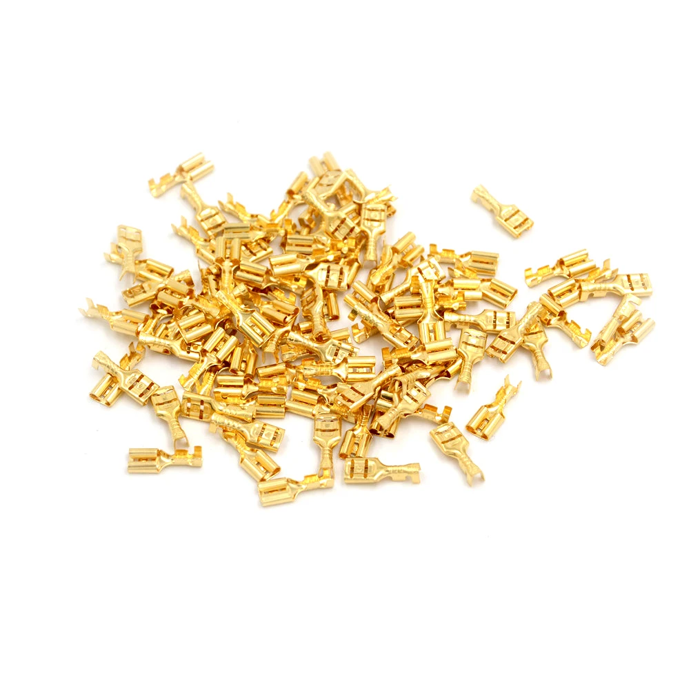 100pcs 4.8mm/6.3mm  Gold Brass Car Speaker Electric Wire Connectors Set Female Crimp Terminal Connector