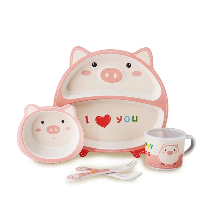 5pcs/set Natural Bamboo Fiber Baby Tableware Cute Pig Children Feeding Dishes Kids Dinnerware Set with Bowl Fork Cup Spoon Plate