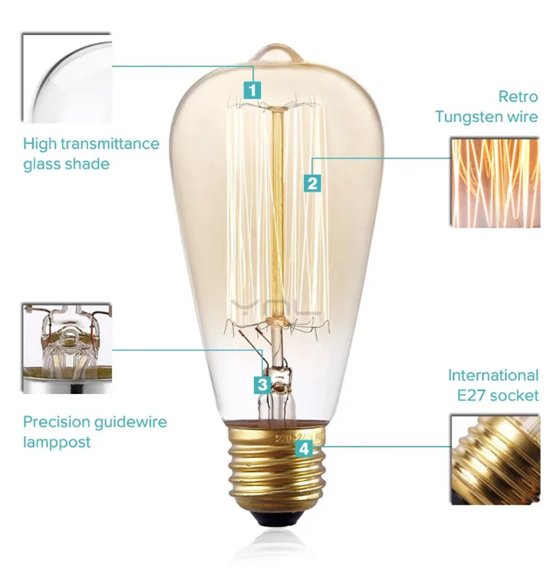 Vintage Edison Bulb E27 Retro Lamp ST64 Incandescent Bulb 220v Light Bulb 40W 60W Filament Warm White Lightbulbs