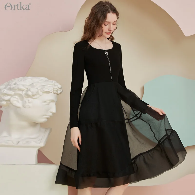 ARTKA 2022 Spring New Women Dress Elegant Knitted Gauze Patchwork Black Dress Long Sleeve Ruffle Midi Dress With Pocket LA20125C