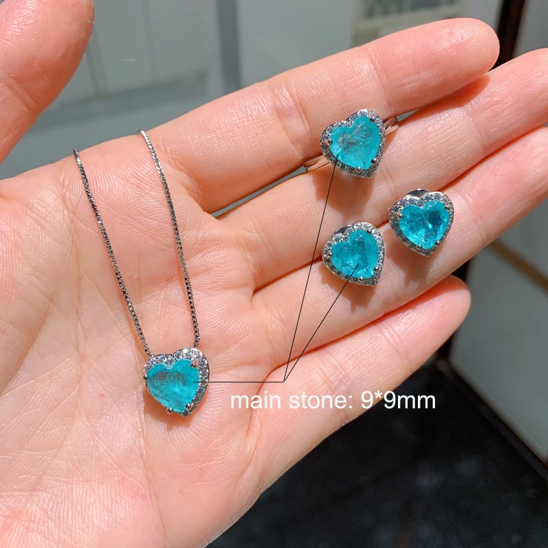 FFGems Paraiba Tourmaline Ngọc Lục Bảo Đá Quý Trái Tim bạc Vàng màu sắc Mới Bông Tai Vòng Cổ Bộ 2020 cho Nữ Cô Gái Tặng Sỉ