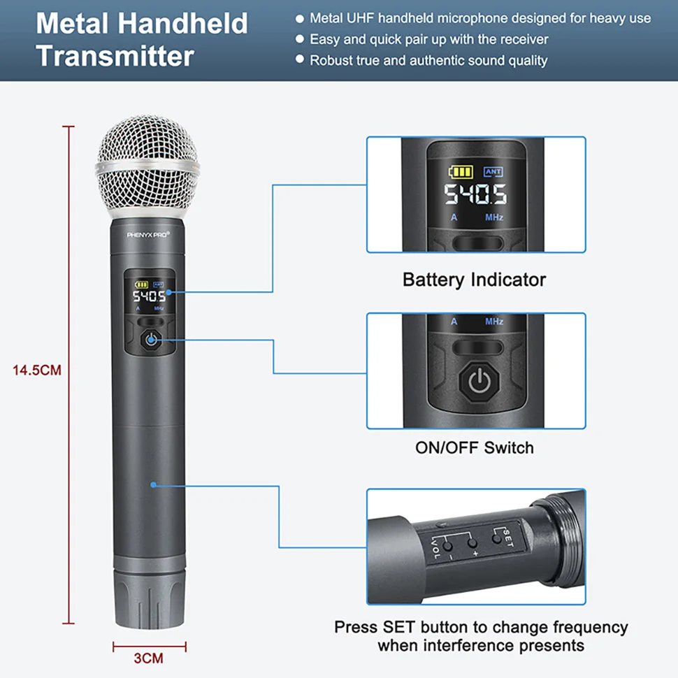 PWH-52 | Trasmettitore microfono portatile UHF Wireless Phenyx Pro compatibile con ricevitore PTU-52