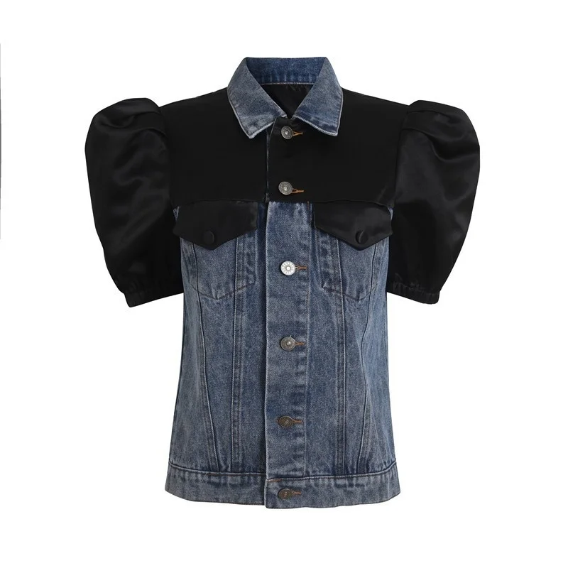 Women Fashion Loose Spliced Denim Jacket Puff Sleeve Short Tops Jacket Female Summer Sweet Single Breasted Cowgirl Jackets