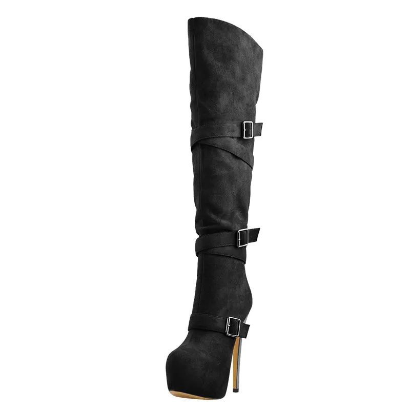 Onlymaker Women Black Platform Over The Knee  Boots 16CM High Heel Stiletto Buckle High  Back Zipper  Plus Size Boots