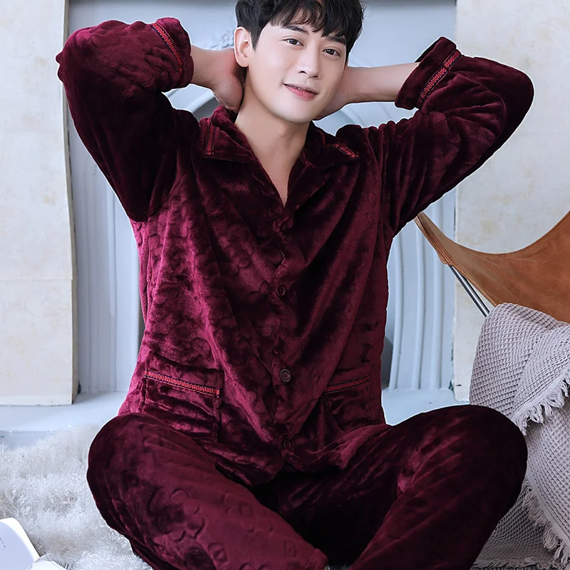 

H5911 Pajamas Men Plus Velvet Thick Warm Sleepwear Suit Male Autumn Winter Long Sleeve Coral Fleece Flannel Large Size Nightwear