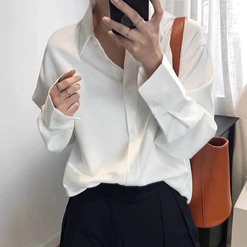 Vintage Elegant Office Ladies Solid Satin Shirts 2020 Fashion Women Blouses New Long Sleeve Turn Down Collar Loose Tops 12534