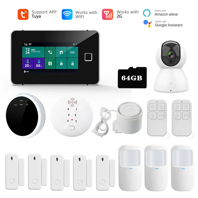 Tuya Wireless Home Alarm Systems Security Home Wifi GSM Set Fingerprint Arming With Alexa Motion Sensor Security Alarms For Home