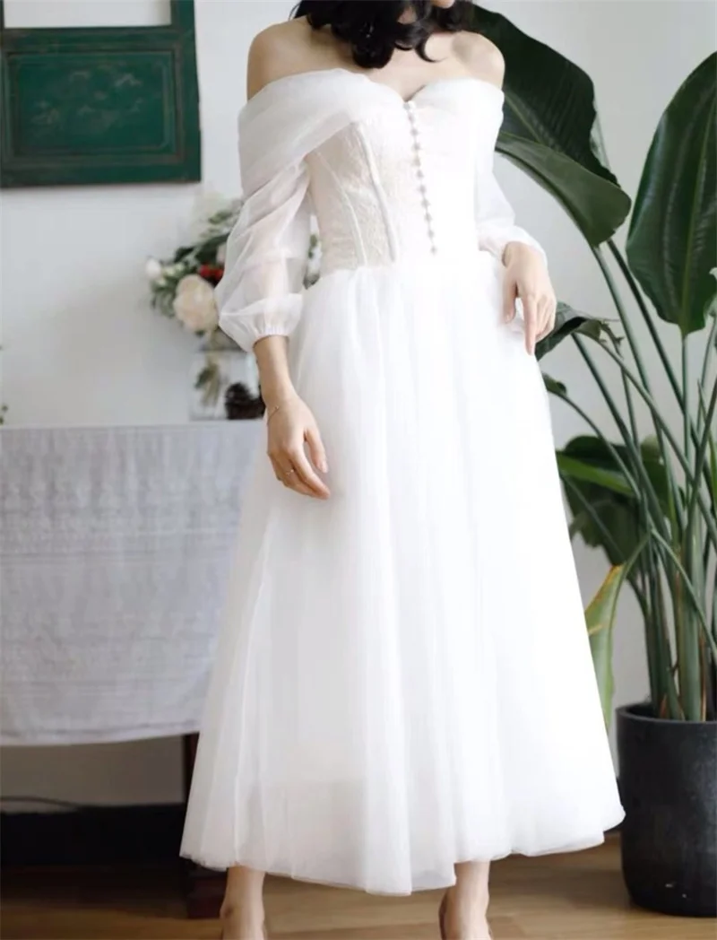 Off-Shoulder Tea długość suknia ślubna 2021 elegancki prosty dekolt w serek z długim rękawem linia suknie ślubne vestidos de mairee Wedding