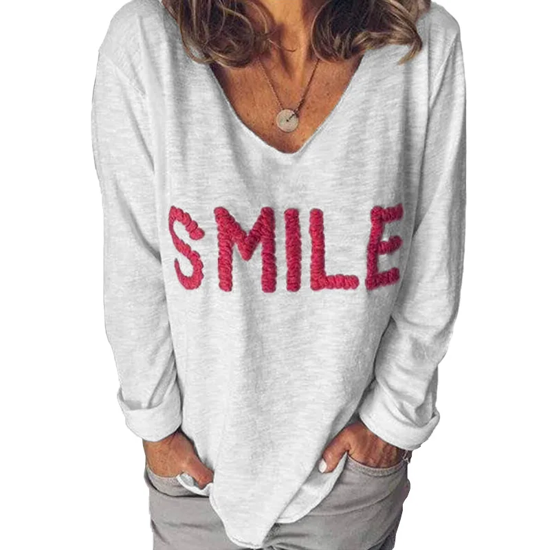 Smile Printing Tee Top Long Sleeve Spring Autumn Woman T Shirt Casual Woman T Shirt