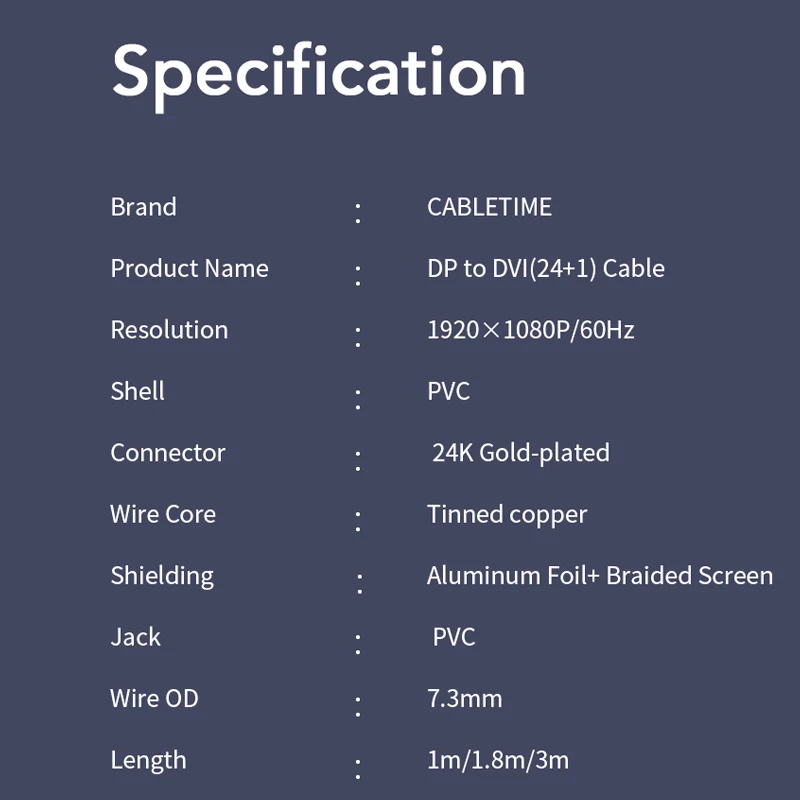 CABLETIME Port wyświetlacza do DVI M/M czarny DisplayPort DP do DVI Adapter połączenia z 1080P 3D dla projektor do komputera HDTV C074