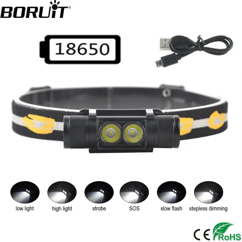 BORUiT D25 듀얼 LED 미니 헤드 램프 6 모드 5000LM, 강력한 헤드 라이트 충전식 18650 헤드 토치 캠핑 사냥용 