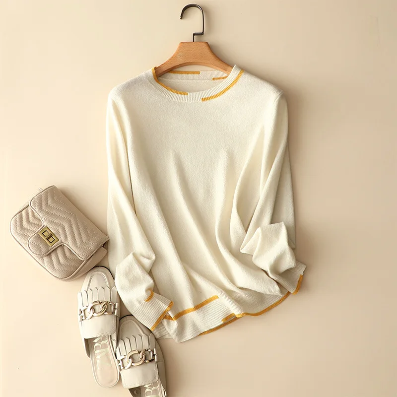 

aliaga autumn ivory superior 100% cashmere contrast crew neck sweater tops for women