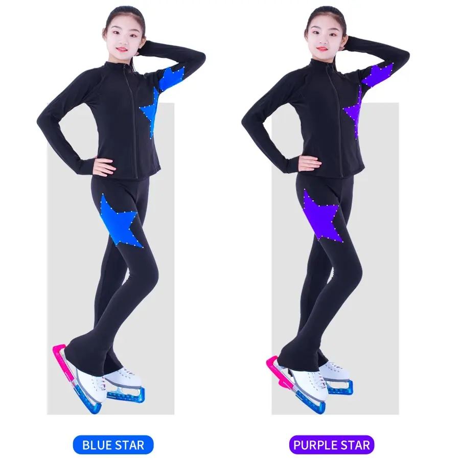 Customized Figure Skating Suits Jacket and Pants Long Trousers for Girl Women Training Ice Skating Warm black pink Mesh sleeve