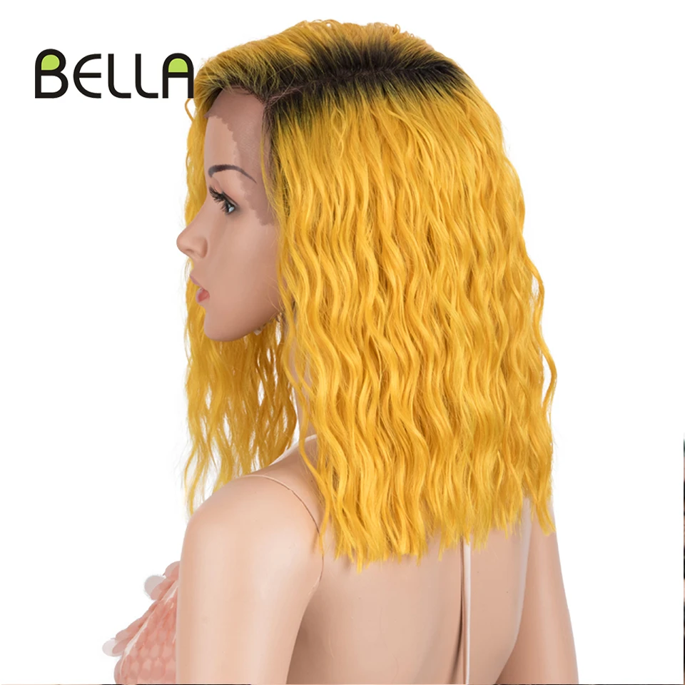 Bella Synthetic Lace Wigs Lace Short Bob Curly Hair 14 inch Yellow Cosplay Wig For Black Women Heat Resistant Fiber Lolita