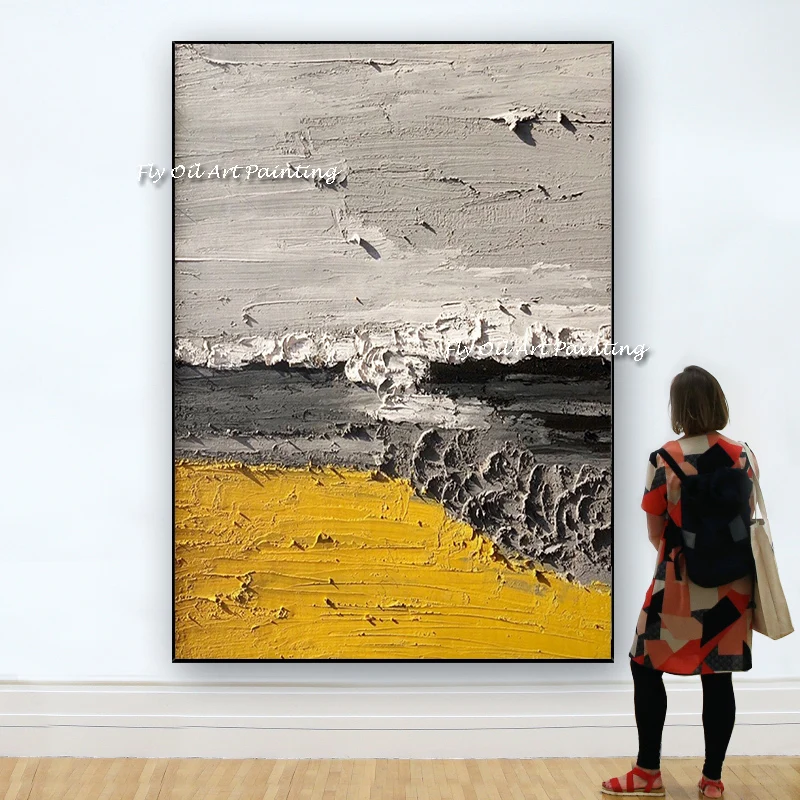 

Handmade Abstract yewllow beige Canvas Art Textured Palette Knife Modern Wall Painting Hotel Restaurant dining Room Decor