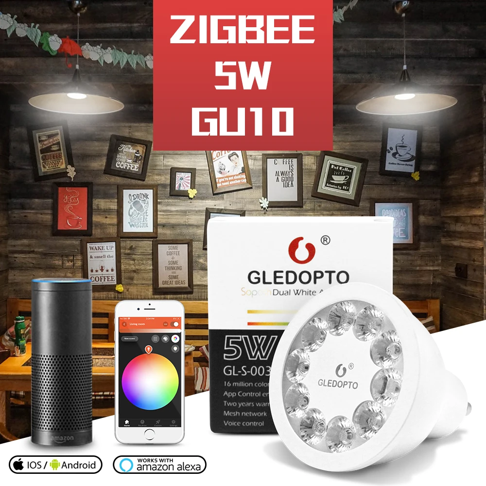 ZIGBEE Smart Home LED GU10 Bulb RGB+CCT Color Change Bulb 5W LED Spotlight AC100-240V Dual White Light Work with Alexa Echo Plus