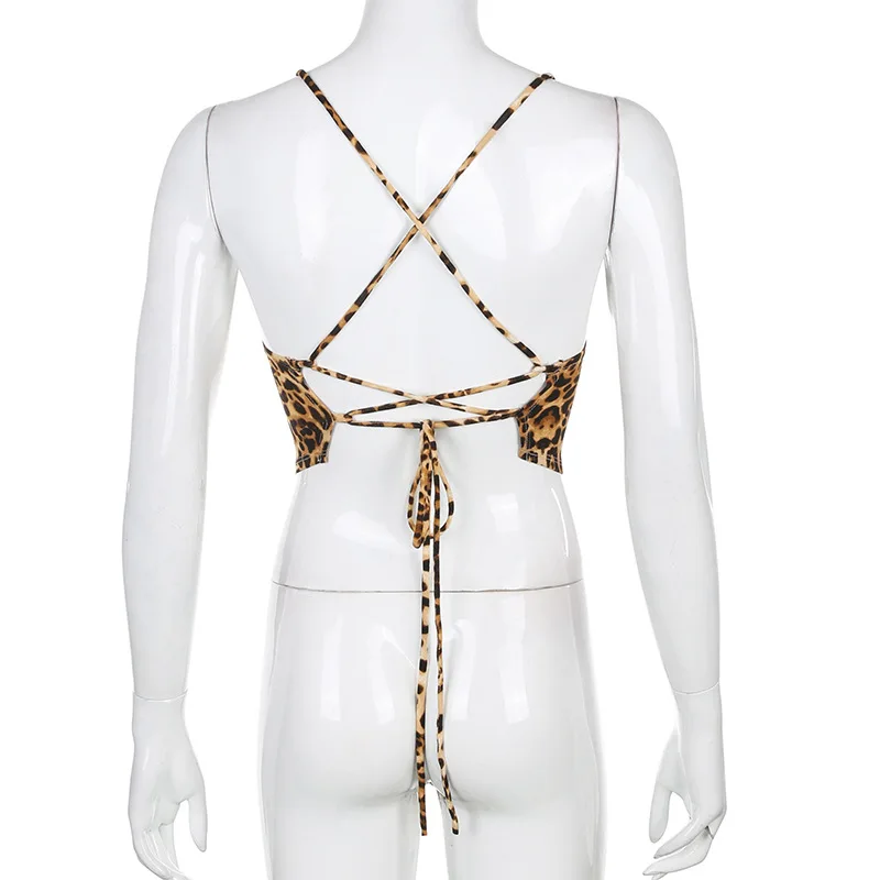 Camisetas sin mangas con estampado de leopardo para mujer, trajes de Rave Sexy sin espalda, Bralette con cordones cruzados, Top corto, ropa de calle de verano