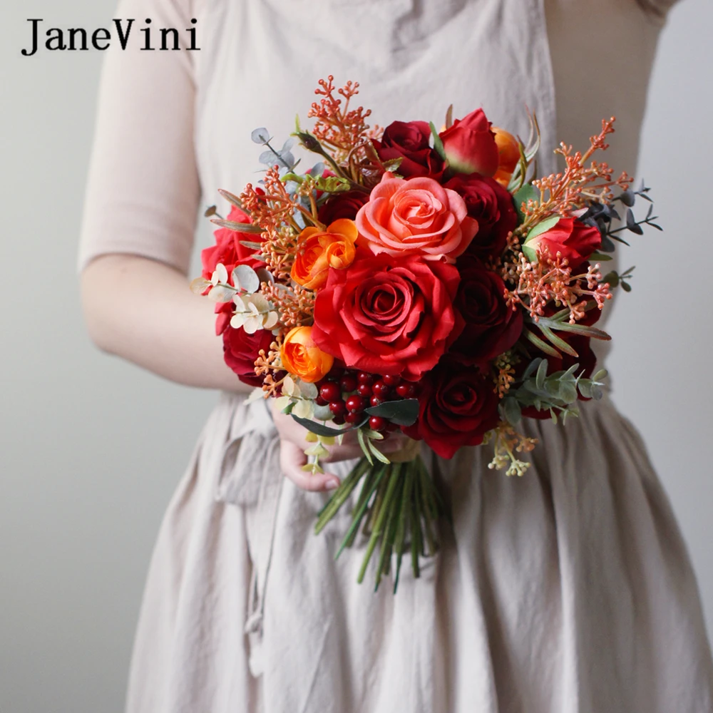 JaneVini Artificial Burgundy Wedding Bouquets Silk Roses Fake Flowers Real Touch Vintage Bride Holder Bouquet Decoration Mariage