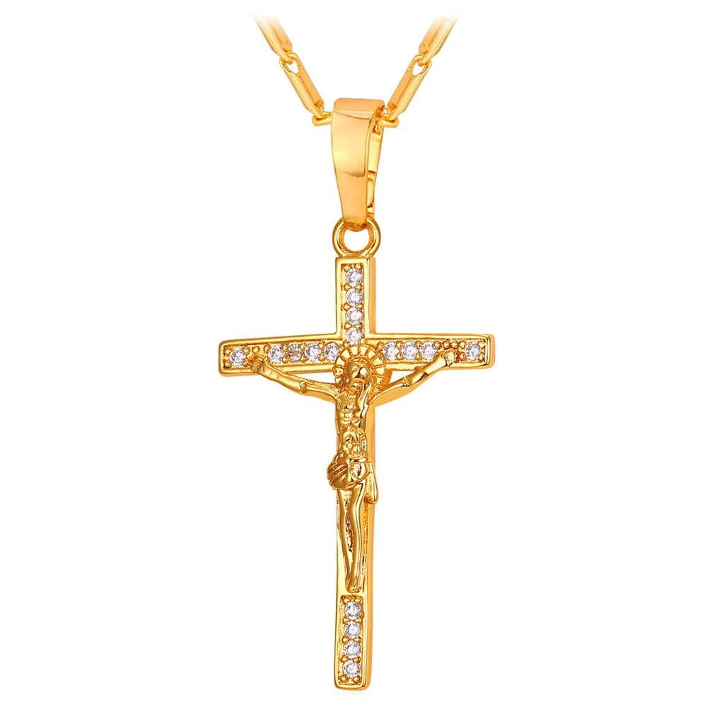 

ChainsPro INRI Crystal Cross Crucifix Necklace Christian Jesus Cross Unisex Religious Necklace Women P912 QC25