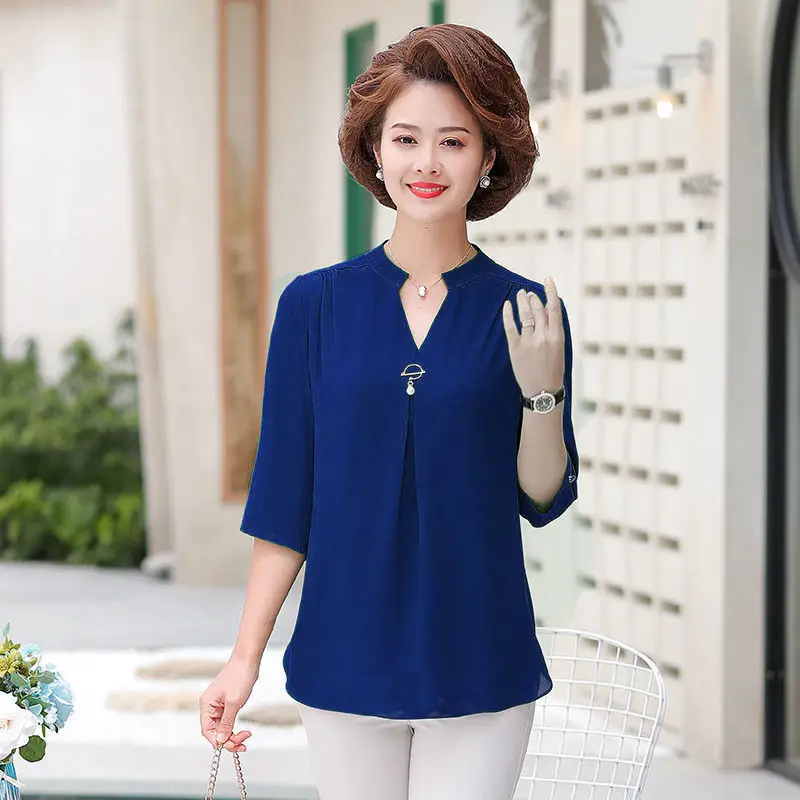 Oversized 5xl 3/4 Sleeve Mom Chiffon Causal Blusas Summer Loose Plus Size Tops Korean Fashion Chic Shirt Elegant Thin Camisas