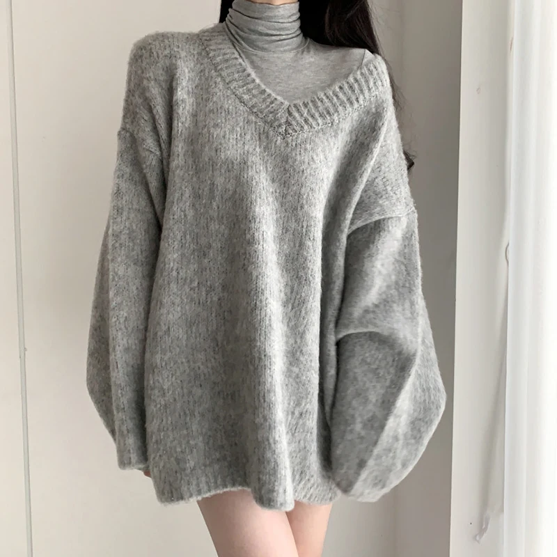 Winter Pull Oversize Femme Casual Loose Oversized Sweater Women V Neck Long Knitted Pullovers Purple Green Grey Sweaters Coats