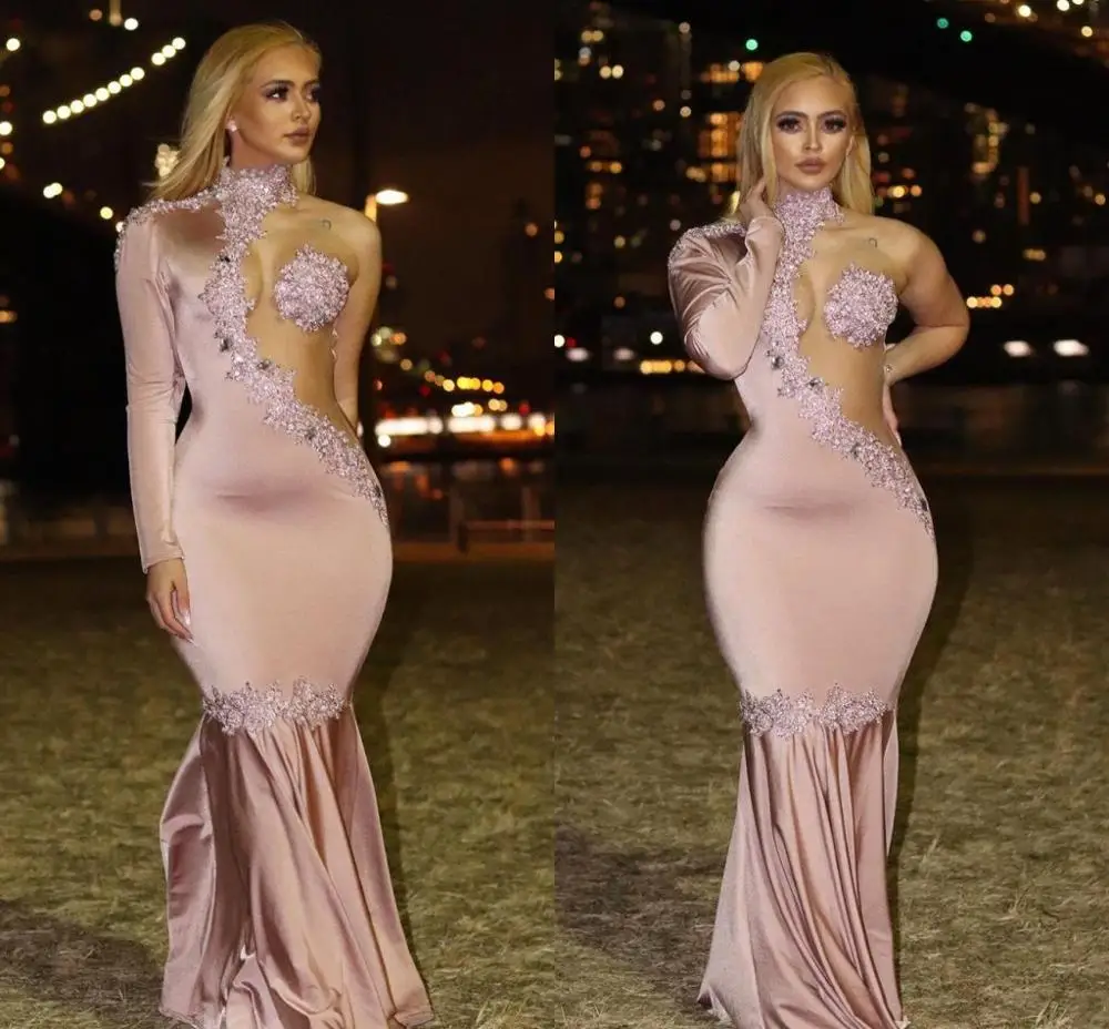 Sexy Dubai Arabisch Blush Mermaid Avondjurk 2020 Hoge Hals Illusion Kralen Lange Formele Prom Party Gown Vestidos De Noiva