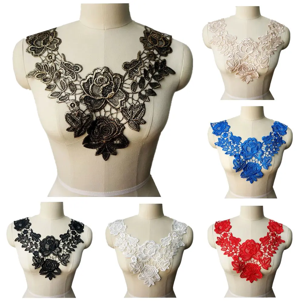 Bronze White Black Red Embroidered Gown Appliques Lace Fabric Trims Collar Mesh Sew On Patches For Wedding Decoration Dress DIY