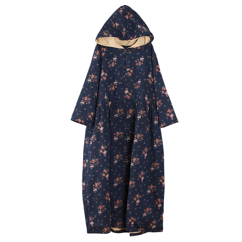 TIYIHAILEY Free Shipping Vintage Cotton Linen Coat Women Flower Loose Chinese Style Outerwear Long Sleeve Maxi Hooded Dresses