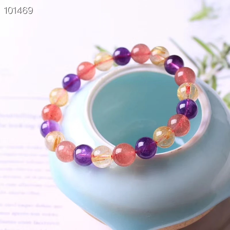 Natural Gold Rutilated Quartz Amethyst Super 7 Bracelet Strawberry Quartz Rainbow Mixed Clear Beads 7mm 8mm 9mm AAAAA