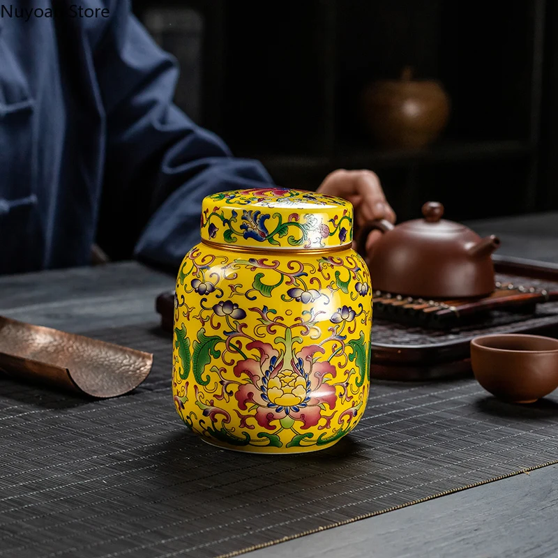 Chinese Style Yellow Ceramic Tea Caddy Creative Storage Box Metal Spiral Lid Living Room Coffee Table Decoration Accessories